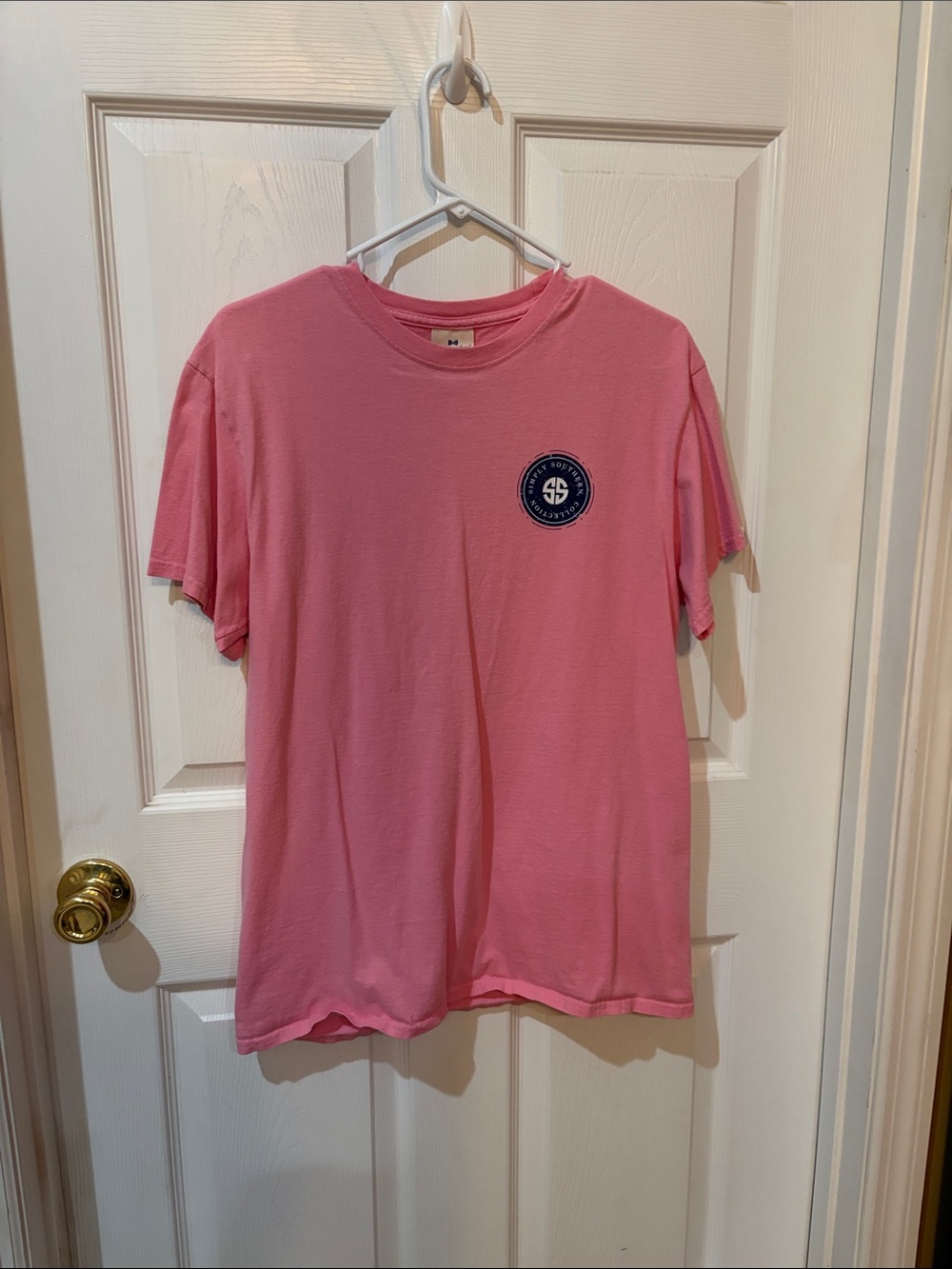 Simply Southern Pink Short Sleeve Tee with Navy Logo Patch